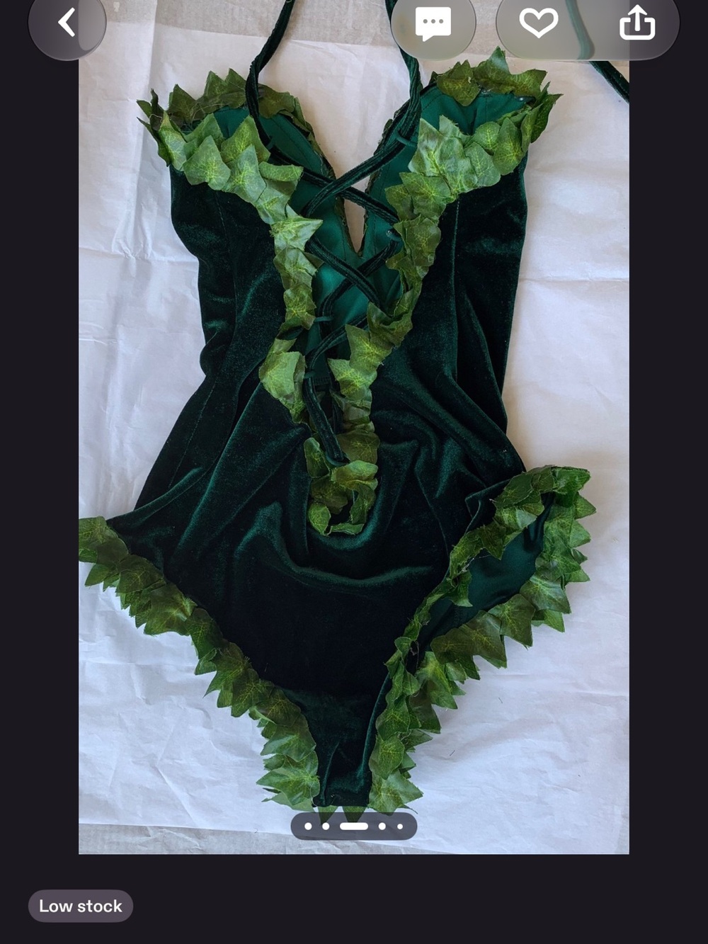 Vintage Dark Green Velvet Leaf Trim Bodysuit - Picture 4 of 8